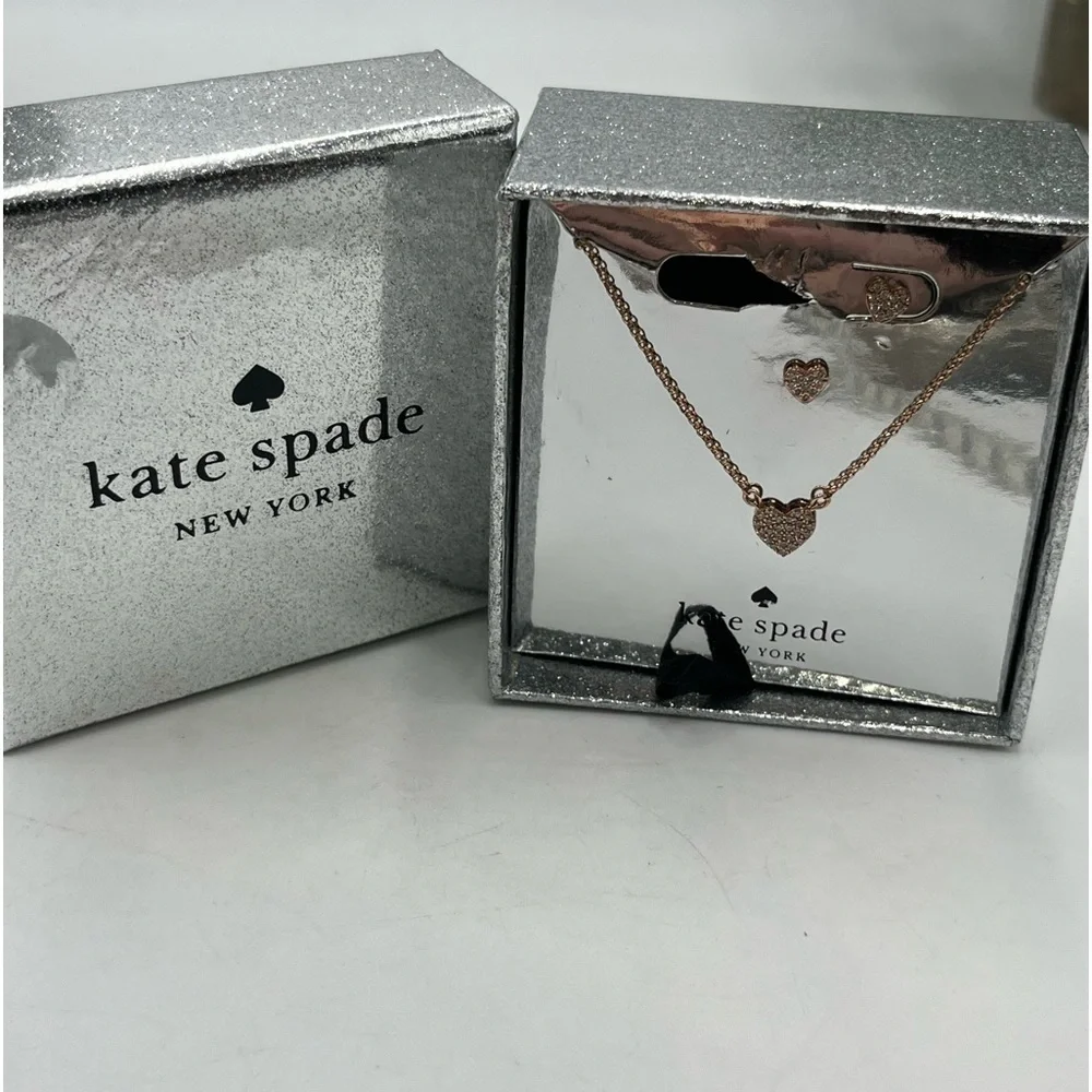 Kate Spade Yours Truly Boxed Rose Gold Dainty Pave‎ Necklace and Earring set New